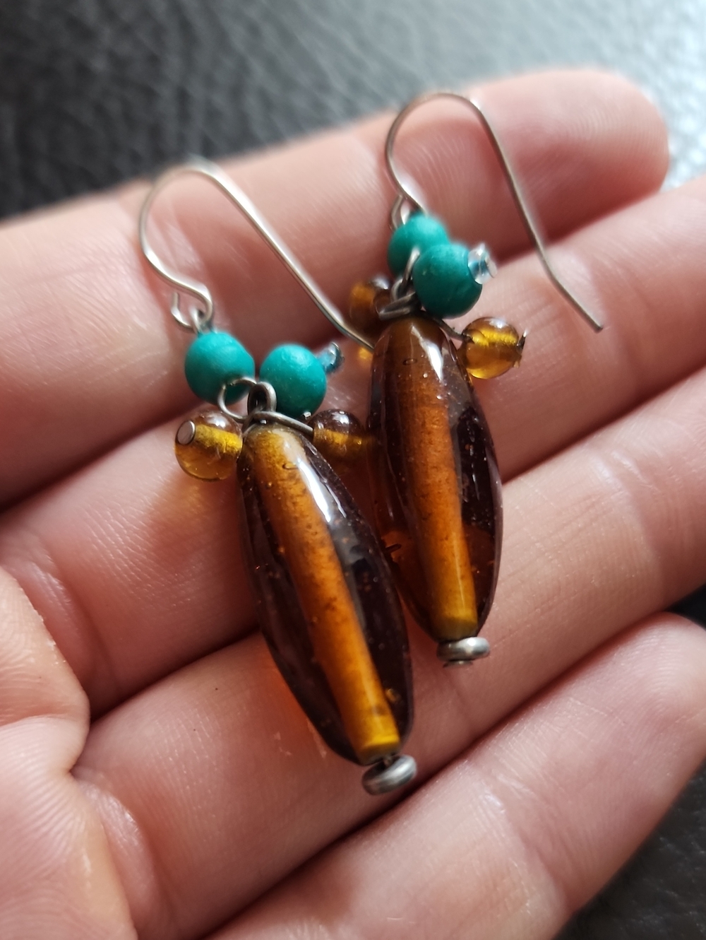 VTG Amber and Turquoise Glass Bead Drop Earrings